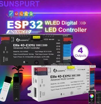 GLEDOPTO 4-Channel Output ESP32 WLED RGB Color-Changing Light Strip Controller with Ethernet and Microphone Download Port