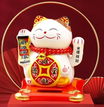 Solar-Powered Automatic Waving Lucky Cat Ornament, Mini Ceramic Wealth-Attracting Cat for Car Dashboard, Cashier Counter, or Reception Desk