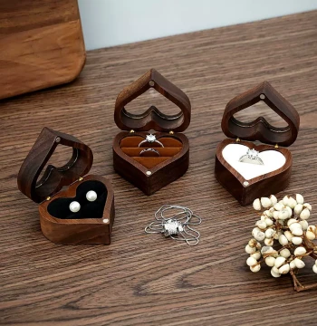 Wooden Heart-Shaped Ring Box for Wedding Proposals - Pair Set for Engagement, Anniversary, and Valentine's Day Gift Packaging