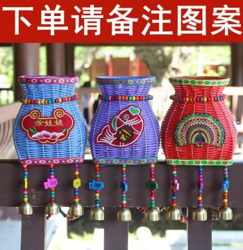 Children's Small Backpack Ethnic Style Woven Bamboo Fish Basket Craft Colorful Wind Chime Stage Performance Toy Hanging Ornament