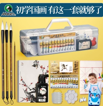 Marie's Chinese Painting Pigment Beginner Set, 12 or 24 Colors, Complete Chinese Painting Tools Kit, Ink Wash Painting Introductory Advanced Gongbi Materials for Elementary Students and Children, Genuine Marie's Brushes