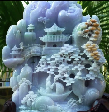 Natural Grade A Jadeite Ornament Featuring Landscape, God of Wealth, Cabbage Symbolizing Many Children and Much Fortune