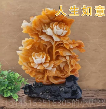 Authentic Imitation Jade Ornament - Living Room Decor, Natural-Looking Carved Yellow Wax Stone Sculpture Symbolizing Life's Wishes
