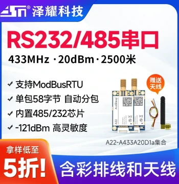 Zeyao RS232/RS485 Interface 433MHz Wireless Serial Data Transmission Module with Auto-Packetizing, High Sensitivity, and Low Power Consumption