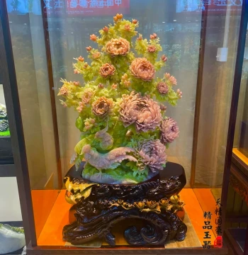 Natural Xiuyan Jade Ornament for Living Room, Raw Stone Jade Carving, Chinese Style Home Decor, Housewarming Gift, Peony Flower