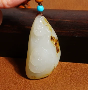 Fangyan Hetian Jade Collection Specimen: Xinjiang Gold-Flecked Skin Mutton White Jade Seed Material Single Seed Maitreya Laughing Buddha Jade Pendant A6
