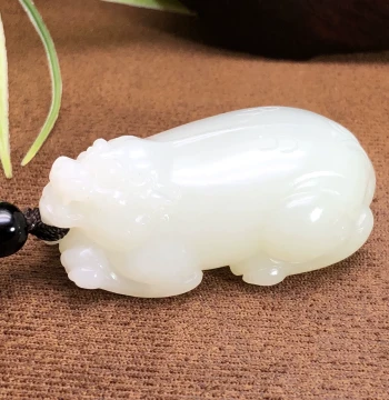 Creamy White Xinjiang Hetian Mountain Jade - Carved Pixiu Handpiece Pendant for Wealth Attraction (Natural Stone)