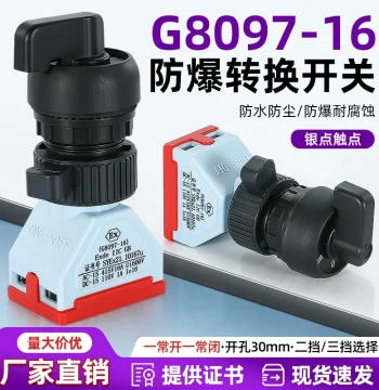 Explosion-Proof Corrosion-Resistant Knob G8097 Selector Switch, 2-Position/3-Position Spring-Return, Silver Contacts 16A, 2NO+2NC with EX Marking