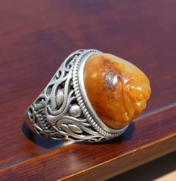 Yuxi Jewelry Hetian Jade Xinjiang Gold-Wrapped Silver Yellow-Stained White Jade Seed Material Silver-Inlaid Jade Monkey Offering Longevity Ring Thumb Ring W