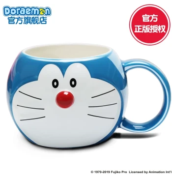 Doraemon Official Genuine Blue Fat Cat Drinking Cup, Blue Ceramic Mug with Shaped Design and Cartoon Expression