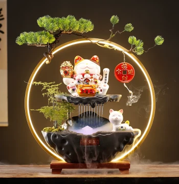 Lucky Cat Chinese-Style Fountain Water Feature for Wealth, Home Living Room Decor, Bar Counter Desktop Ornament, Housewarming and Grand Opening Gift