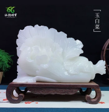 Kunlun Mountain Jade Cabbage Ornament, Natural Jade 'Hundred Wealths' Good Fortune Decor for Living Room, Home Wealth Attraction, Housewarming and Grand Opening Gift