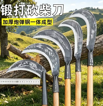 Firewood Chopping Knife Tree Cutting High-Manganese Steel Agricultural Forged Grass Cutting Tool Manganese Steel Curved Blade Weed Clearing Firewood Splitting Sickle for Outdoor Use