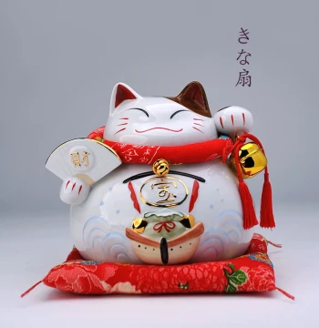 Japanese Ceramic Fortune Fan Maneki-neko Figurine Opening Gift Front Desk Entryway Decor Wealth Cat Housewarming Present