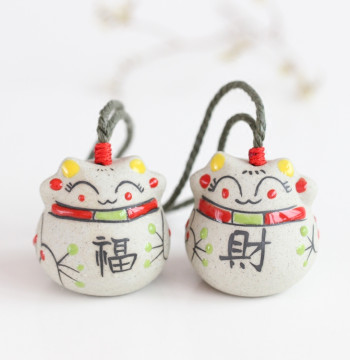 Lucky Cat Fortune Cat Cute Hand-painted Clay Colorful Copper Bell Bag Hanging Car Hanging Couple Ceramic Small Ornament Small Accessory