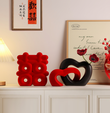 New Wedding 'Joy in Our Family' Heart-Shaped Vase Red Double Happiness Character Decoration Ornament Set, Wedding Celebration Bridal Room Supplies