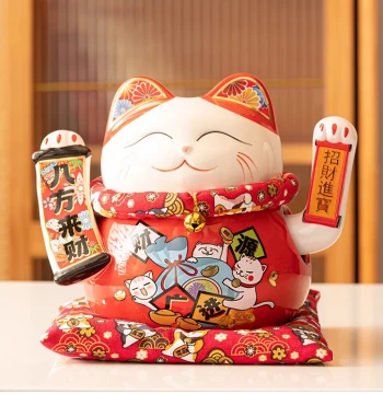 Ceramic Lucky Cat Figurine Automatic Waving Hand Shop Cashier Counter Front Desk Home Living Room Decoration Fortune Cat
