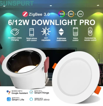 Tuya Smart Zigbee 3.0 Downlight 6W/12W Recessed RGBCCT Compatible with Philips Hub and Samsung SmartThings