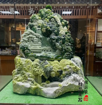 Natural Xiuyan Jade Ornament for Living Room, Raw Stone Carving, Large Green Landscape Piece for Housewarming Gift