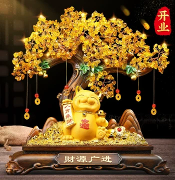 Money Tree & Lucky Cat Figurine for Wealth, Living Room Wine Cabinet & Cashier Counter Decor, Housewarming & Grand Opening Gift