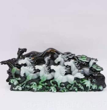 Genuine Eight Horses Painting, Imitation Jade Ornament, Natural Raw Stone Home Decor, Imitation Dushan Jade Animal Figurine, Raw Stone Craft Display