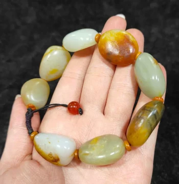 89g Hetian Jade White and Blue-Flower Seed Material Raw Stone Bracelet, Xinjiang Specialty Finished Handpiece for Collecting and Playing
