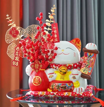 Grand Opening and Housewarming Gift Ornament Lucky Cat New Year Spring Festival Fortune Bucket Festive Artificial Flowers New Home Shop Gift