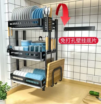 304 Wall-Mounted Foldable Dish Rack, Kitchen Storage Shelf, Drainage Rack for Bowls, Plates, and Dishes, Multi-Function Organizer