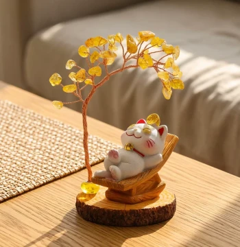 Lucky Cat Ornament Decoration Cute Cat Crystal Money Tree Creative Office Desktop Decor Fortune Gift