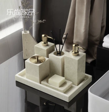 Vintage Cream Style Marble Hotel Bathroom Accessory Set with Toiletry Kit, Soap Dispenser, and Aromatherapy Tray