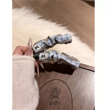 Korean Style Fashion Light Gray with Blue and White Plaid Fabric Banana Clip Retro High Ponytail Vertical Clip Twist Clip Hair Accessory for Women