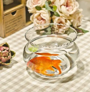 Free Shipping Transparent Round Glass Desktop Goldfish Bowl, Modern Fashionable Hydroponic Flower Vessel, Mini Fish Tank Scalloped Turtle Tank