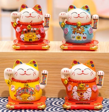 Lucky Cat Solar Waving Hand Car Ornament, Automatic Waving Home Living Room Shop Opening Desktop Gift