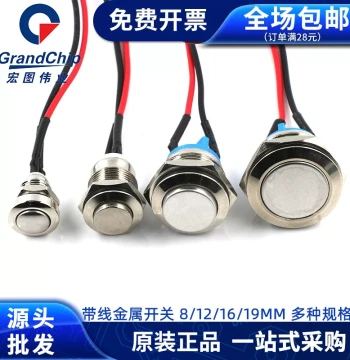 8/12/16/19mm Metal Switch with Wire, Self-Resetting Momentary Push Button Start Switch, 2-Pin Flat Head Ball Type