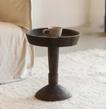 Wabi-Sabi Style Black Solid Wood Round Coffee Table, Real Wood Side Table for Sofa, Homestay Floor Decor