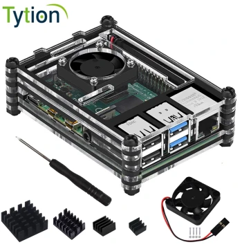 Acrylic Case for Raspberry Pi 4B Transparent Black with Cooling Fan and Heatsink