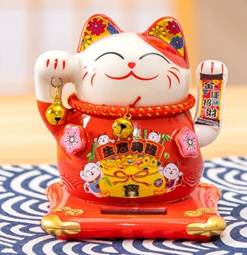 Solar Ceramic Lucky Cat Chinese Style 4-Inch Solar Powered Waving Hand Cat Opening Cashier Counter Home Decor Ornament Gift