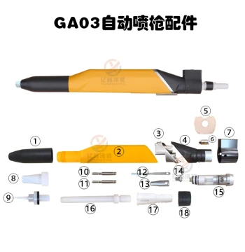 Gema GA03 Automatic Electrostatic Spray Gun Accessories: Flat Nozzle, Discharge Needle, Internal Powder Tube, Gun Cover, Gun Base, Powder Tube Connector