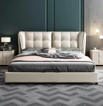 Italian Light Luxury Leather Bed, Modern Minimalist Double Bed 1.8m, Contemporary Extreme Minimalist Master Bedroom Wedding Bed for Small Apartments 1.5m
