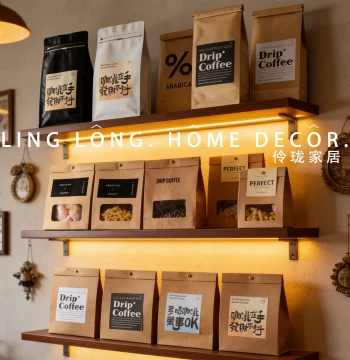 Coffee Shop Showroom Display: Coffee Bean Paper Bags, Fake Bread, Pasta, and Soft Furnishing Decor