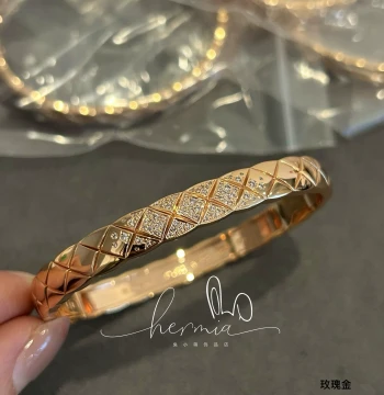 Premium Small Fragrance Style Coco Quilted Bracelet for Women 18K Rose Gold Plated Wide/Narrow Full Diamond Open Cuff