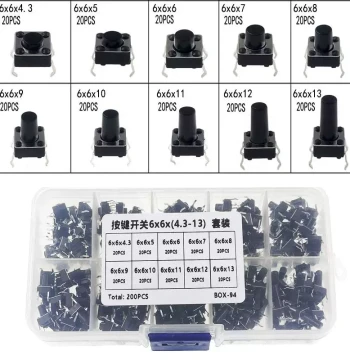 6x6x(4.3-13) Push Button Switch Tactile Switch Assortment Box 10 Types 20 Pieces Each Total 200 Pieces