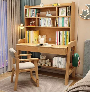 All-in-One Solid Wood Computer Desk, Study Desk for Bedroom with Bookshelf and Cabinet, Home Use, Children's Nordic Style Student Desk