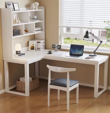 Solid Wood Corner Desk Bookshelf Integrated Modern Simple Computer Desk L-Shaped Office Desk Small Apartment FLA Style Writing Electric Text