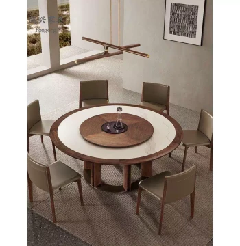 North American Black Walnut Round Dining Table, Italian Light Luxury Sintered Stone Large Round Turntable Table, Solid Wood Dining Table for Villas