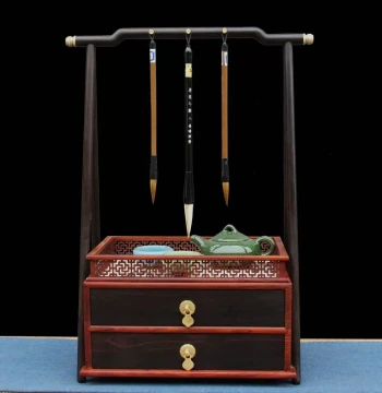 Solid Wood Rosewood Brush Holder with Drawer, Purple Sandalwood New Chinese Style Calligraphy Brush Rack, Scholar's Four Treasures Storage Display
