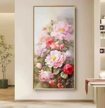 Peony Flower Hotel Decorative Painting; Vertical Corridor and Living Room Wall Art; Hand-Painted Oil Painting 'Blooming Flowers Bring Wealth'