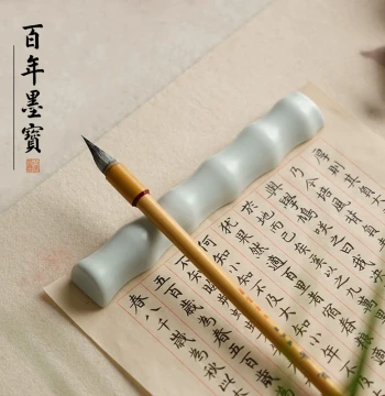 Ru Kiln Bamboo Section Ceramic Brush Rest and Paperweight, Calligraphy Ruler, Brush Holder, Wholesale Brush Mountain, Inkstone for Grinding Ink, Celadon Four Treasures of the Study
