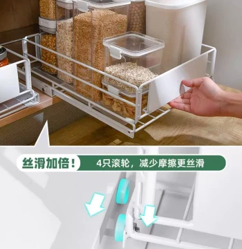 KE3C Pull-Out Foldable Storage Basket, Kitchen Spice Bottle and Jar Organizer, Under-Stove Drawer Storage Bin for Cabinets