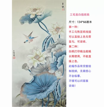 Chinese Painting Four-Foot Lotus Kingfisher White Outline Draft for Coloring